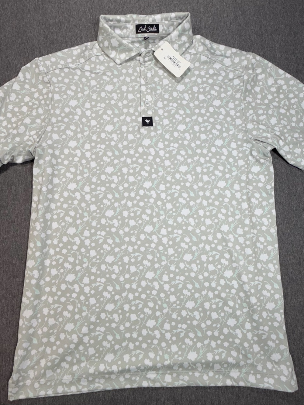Bad Birdie Core Polo Men’s M Baby Lush 2.0 Tan/Gray White Floral Short Sleeve